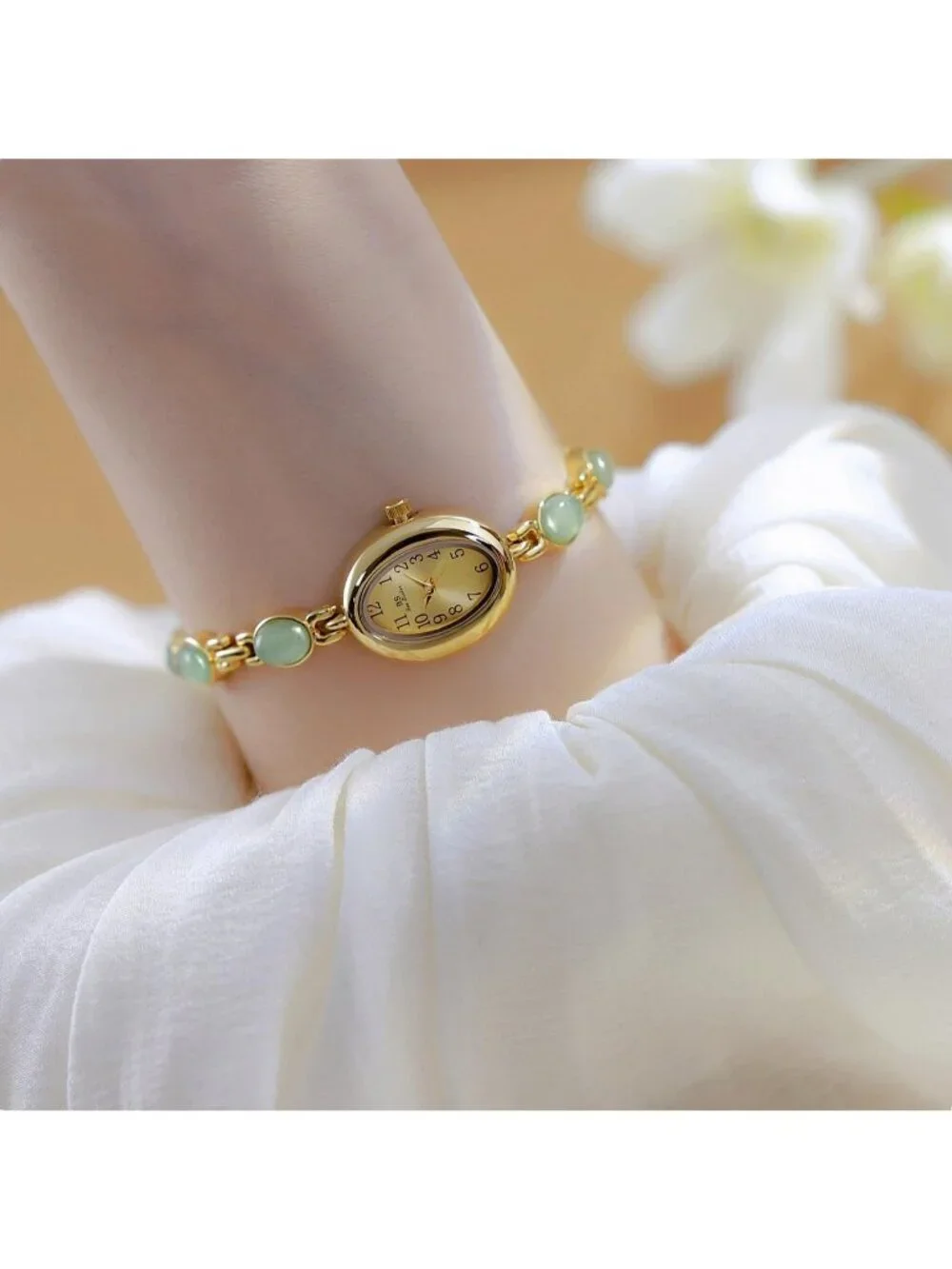 Women's Gold Green Analog Quartz Waterproof Oval Dainty Vintage Bracelet Watch